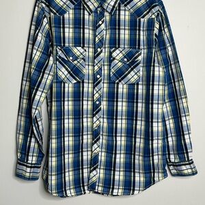 Old Navy Blue and Yellow Plaid Shirt Mens Western size L
